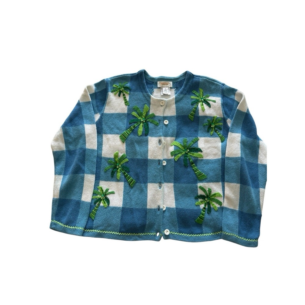 Talbots Palm Tree Cardigan Sweater Sz M Petite Embroidered Coastal Blue